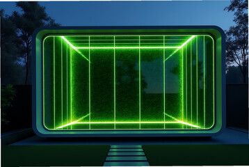 Futuristic neon grid room portal entrance with abstract glowing lines