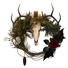 3D rendered gothic decorative wreath with a deer&rsquo;s skull and its antlers, bat wings and a red rose, isolated on transparent background