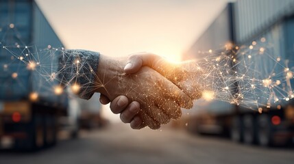 Digital handshake: symbolizes a strong partnership. representing the collaborative spirit of two entities. The image uses visual metaphors of interconnectedness, data flow, and global reach.