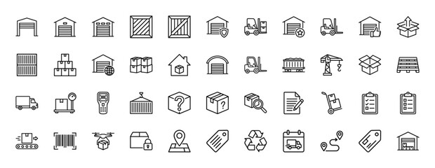 Logistics and shipping line icon set. Vector pictograms of warehouse, forklift, cargo, package, and delivery, thin outline illustration.