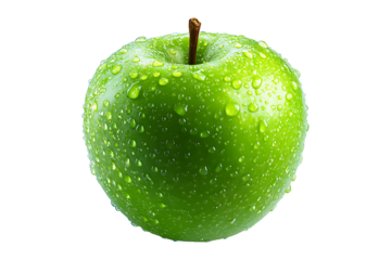 Fresh organic green apple with water droplets isolated on a transparent background