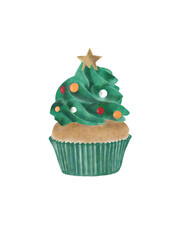 Digital watercolor illustration of a Christmas tree cupcake, hand-painted style, isolated on a transparent background.
