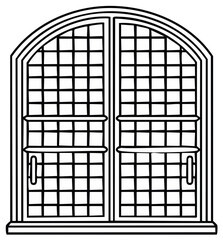 Arched paneled doors outline drawing with handles, simple line art design