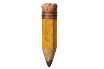 Yellow pencil, short and well-used, showing a worn eraser and sharpened graphite tip, isolated on a transparent background