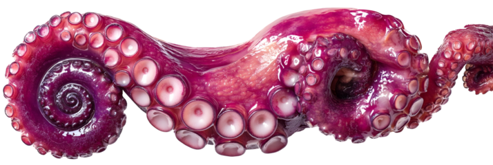 Realistic octopus tentacle curled end detail wet glossy texture visible suction cups vibrant deep pink and purple tones highly detailed skin surface natural lighting ultra sharp focus