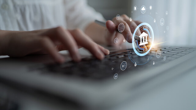 A global FinTech and digital banking network technology concept. A central financial system connected to the worldwide digital economy and services. Motif - Powered by Adobe