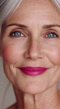 Older woman with light skin, gray hair, and blue eyes applying pink lipstick.