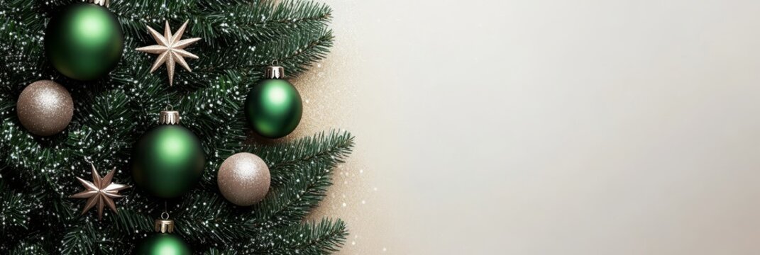 Elegant Emerald and Gold Christmas Dcor on Golden Background with Ornaments and Sparkling Lights