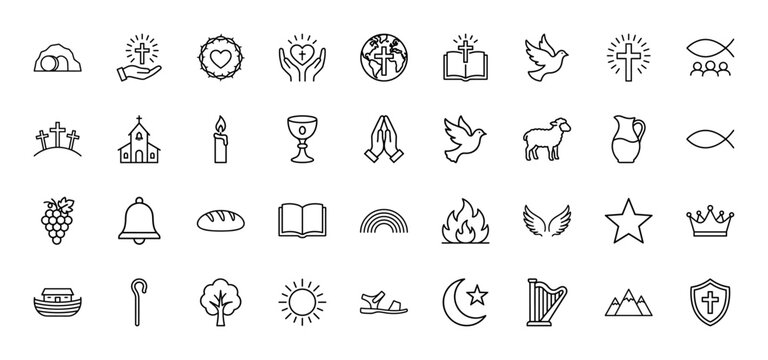 Religious and spiritual line icon set. Vector pictograms of cross, dove, bible, sheep, and other devotional elements, thin outline illustration.
