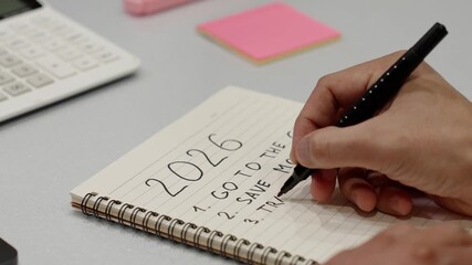Person writes down goals for 2026 and New Year resolution list in notebook, including fitness, saving money and travel plans. Concept of planning, motivation, personal growth and financial discipline