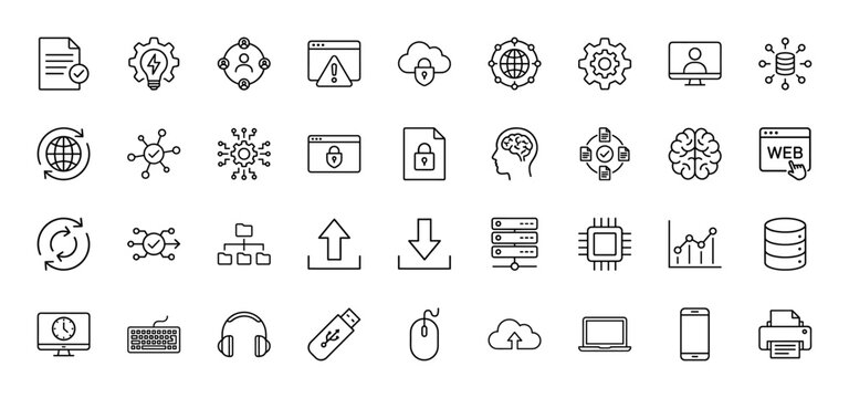 Technology and data line icon set. Vector pictograms of network, security, brain, server, and upload, thin outline illustration.