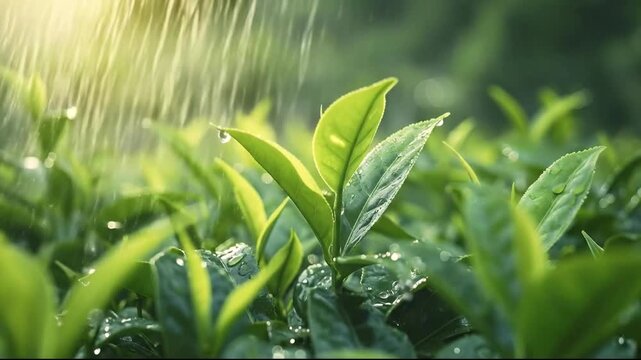 Lush green tea leaves glisten with fresh raindrops during a sun shower on a plantation