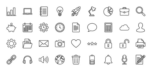 Fototapeta premium Business and office line icon set. Vector pictograms of graph, laptop, calendar, email, and lock, thin outline illustration.