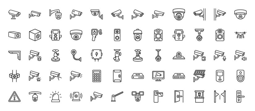 Security and surveillance line icon set. Vector pictograms of cctv cameras, dvr, nvr, alarm, and sensors, thin outline illustration.