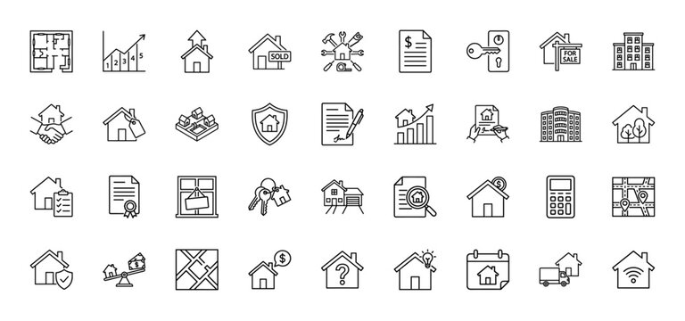 Real estate line icon set. Vector pictograms of house, blueprint, keys, sold, contract, and repair, thin outline illustration.