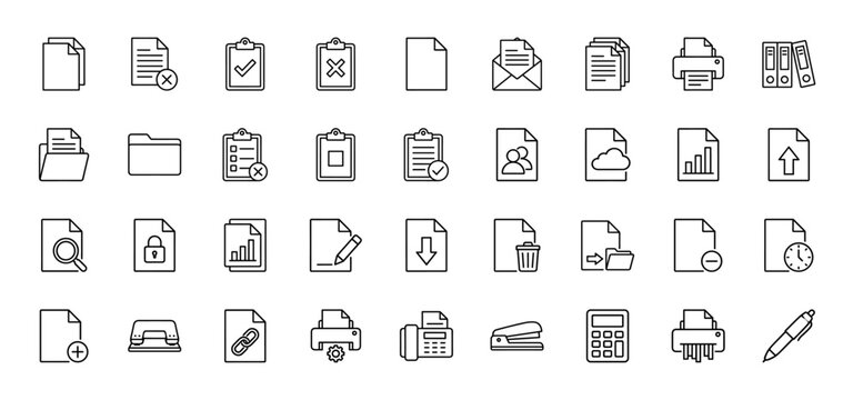 Business and office document line icon set. Vector pictograms of paper, folder, clipboard, printer, and archive, thin outline illustration.