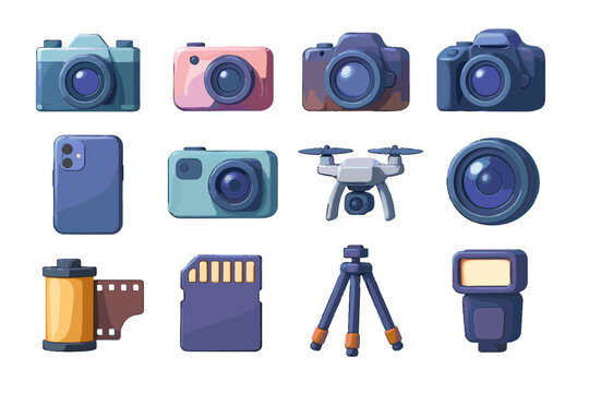 Vector evolution film icon tripod lens icons card camera flash drone sd