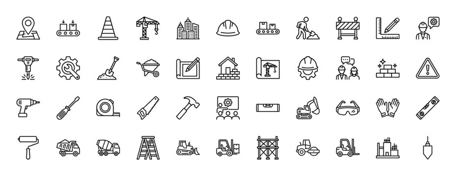 Construction line icon set. Vector pictograms of crane, safety helmet, blueprint, excavator, and tools, thin outline illustration.