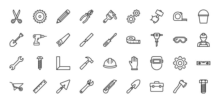 Construction line icon set. Vector pictograms of hammer, drill, wrench, screwdriver, helmet, and saw, thin outline illustration.