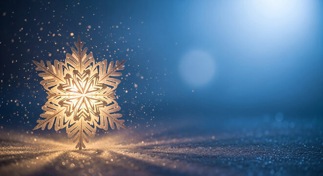 Illuminated snowflake on a blue background with falling snow. It represents winter holiday, celebration, and the magic of the season and wonder