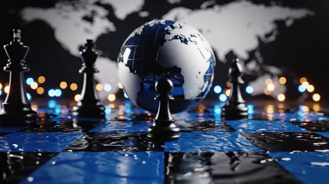 Global strategy chessboard game with world map background and reflective surface
