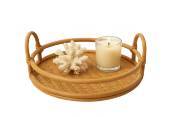 Rattan tray holding candle and coral on transparent background