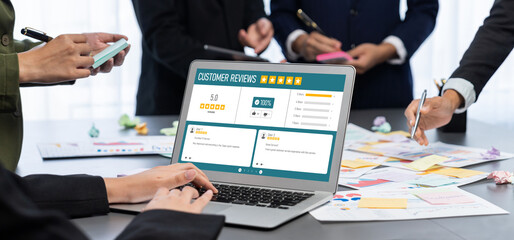 Analyst team use sticky note for creative and analytic brainstorm for business idea with BI data dashboard on laptop screen. Analysis financial data visualization tech for marketing strategy. Prodigy