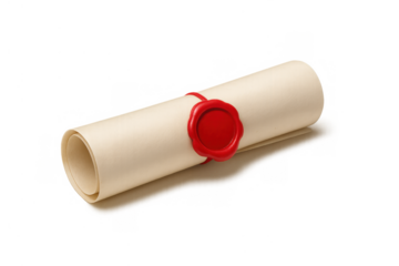 Rolled paper document with red wax seal representing official certificate, diploma, parchment achievement on transparent background