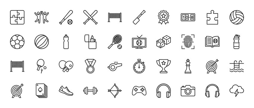 Sports, games, and hobbies line icon set. Vector pictograms of basketball, baseball, puzzle, tennis, and archery, thin outline illustration.