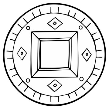 Hand drawn old lucky Asian coin with a square hole line art illustration