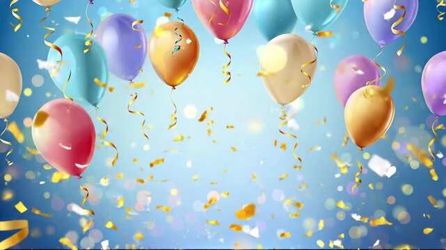Multicolored balloons in shades of pink blue purple and gold float amidst falling golden confetti and ribbons against a blue background with soft light effects