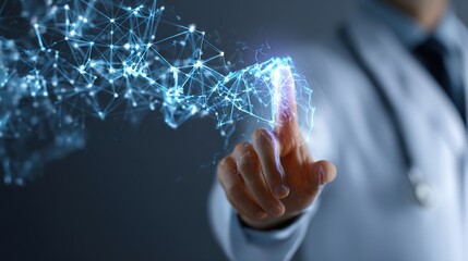 Digital Healthcare Innovation: A doctor's hand interacting with a glowing digital network, symbolizing the cutting edge of medical technology and the future of healthcare.