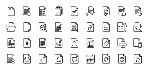Document management line icon set. Vector pictograms of file, folder, report, search, and security, thin outline illustration.