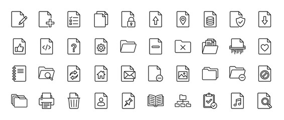 Document and file management line icon set. Vector pictograms of editing, adding, securing, and sorting files, thin outline illustration.