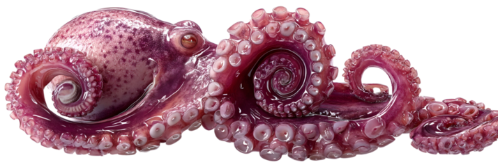 Realistic octopus tentacle curled end detail wet glossy texture visible suction cups vibrant deep pink and purple tones highly detailed skin surface natural lighting ultra sharp focus