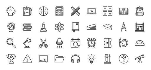 Fototapeta premium Education line icon set. Vector pictograms of backpack, book, calculator, globe, and chemistry flask, thin outline illustration.
