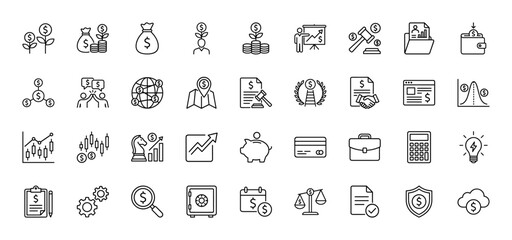 Finance and investment line icon set. Vector pictograms of growing money, analysis charts, contract, calculator, and briefcase, thin outline illustration.