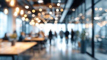 Blurred Business Hub: A soft-focus view unveils a modern, luminous office space teeming with anonymous figures. This image captures the dynamic energy of a collaborative workplace.