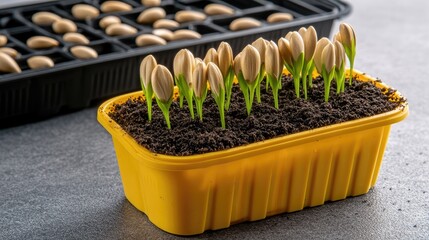 Yellow plastic pot overflowing with soil sits beside a seedling tray full of freshly planted seeds on a rustic wooden table