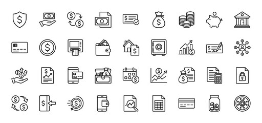 Fototapeta premium Finance and banking line icon set. Vector pictograms of money, credit cards, banking, and investment, thin outline illustration.