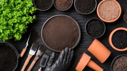 Hands in gardening gloves hold rich soil, surrounded by pots of plants and spare gardening tools on a flat surface