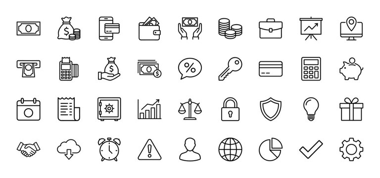Finance and business line icon set. vector pictograms of money, wallet, credit card, calculator, and calendar, thin outline illustration.