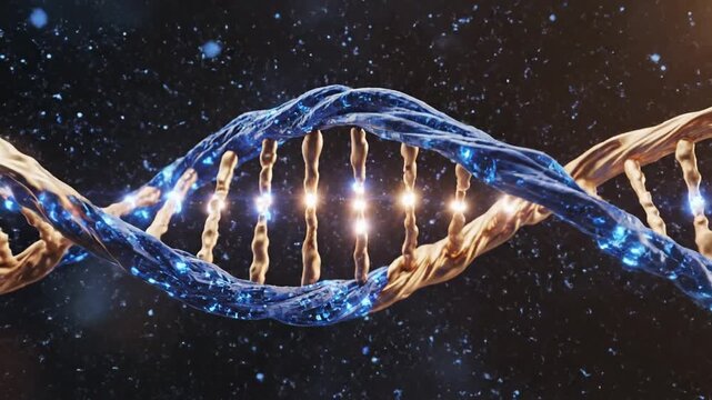 Abstract DNA Double Helix Structure with Glowing Particles.
