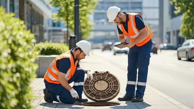 Urban infrastructure maintenance: workers inspecting and repairing manhole on busy city street