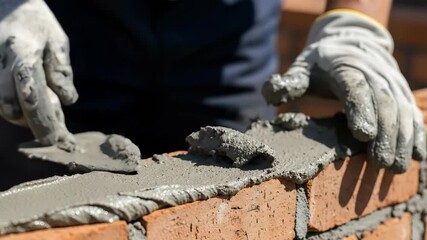 Bricklaying process: skillful hands applying mortar and aligning bricks for perfect wall construction