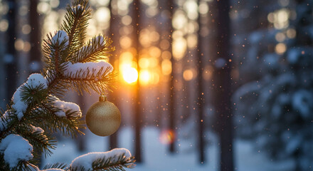Snowy spruce branch with gold ornament on a blurred background of winter forest during sunset, representing holiday spirit, and festive season