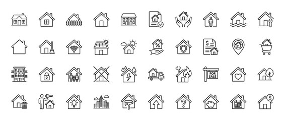 Fototapeta premium Real estate line icon set. Vector pictograms of house, mortgage, insurance, security, and maintenance, thin outline illustration.