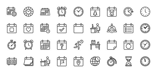 Time management and planning line icon set. Vector pictograms of clock, calendar, stopwatch, and schedule, thin outline illustration.
