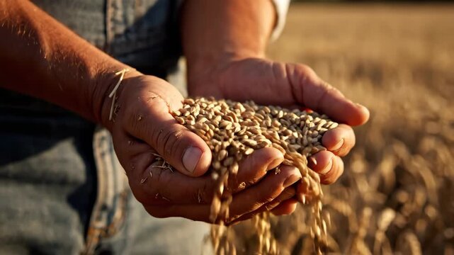 Hands of farmer cupping golden wheat grains, some falling from palms, representing rich harvest and sustainable agriculture. This content is suitable for a video.