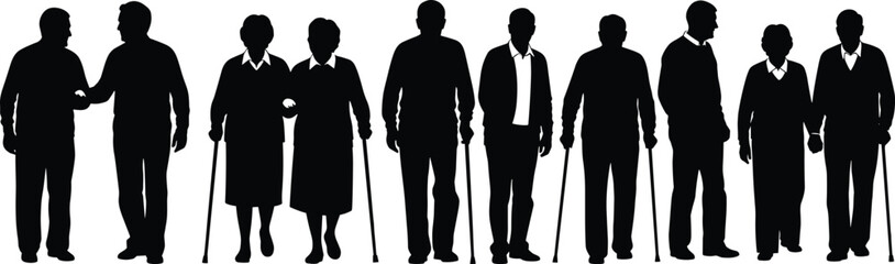 Elderly group silhouette, aging support, black figures, social connection, white background, mobility aid, companionship concept illustration